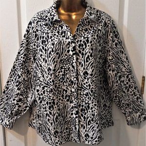 Chicos 3/ L No Iron White Shirt Black Animal Print Button Up Long Sleeve Blouse